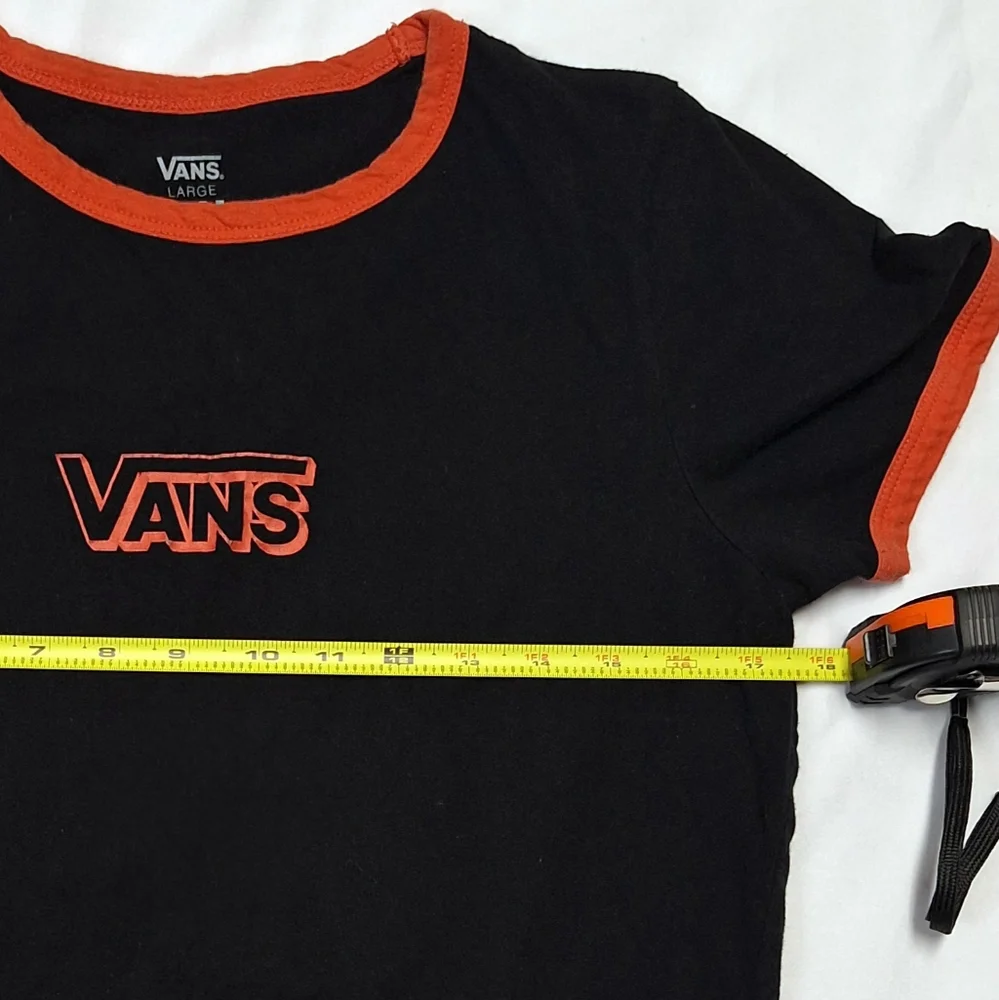 Vans Black Ringer T-Shirt with Orange Trim Logo Graphic Fitted Size Large Unisex - Picture 9 of 9